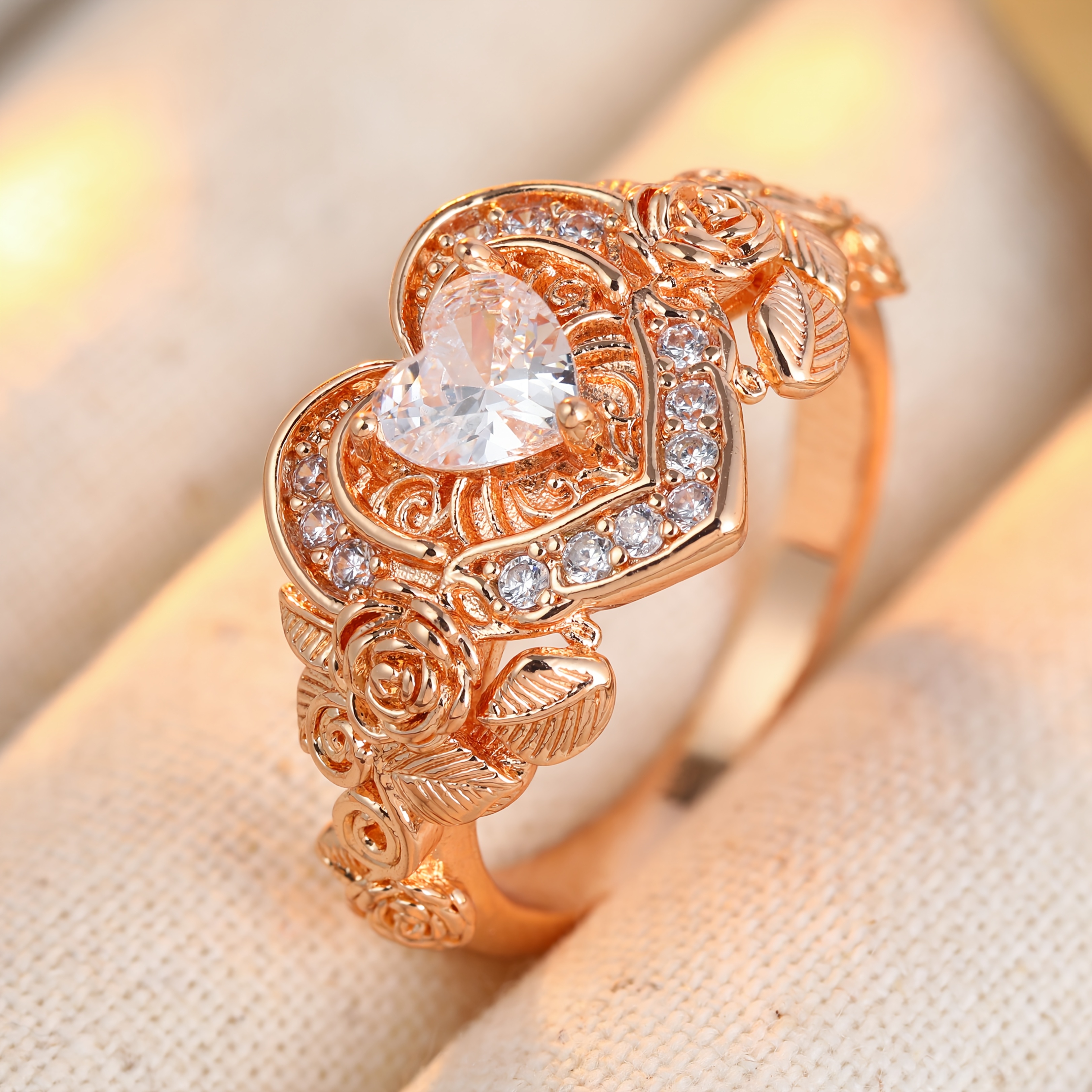 Women's Rose Gold Flower Synthetic Zirconia Ring, Elegant Design